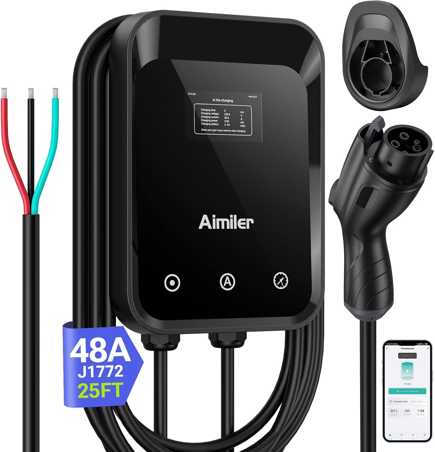 AIMILER Level 2 EV Charger: 48A Hardwire, WiFi APP, ETL Certified