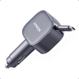 Anker Retractable USB-C Car Charger – 75W Fast Charging, Built-in Cable