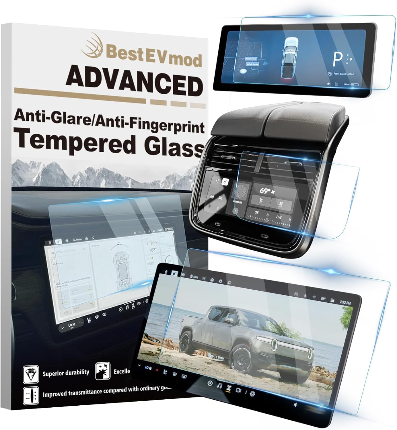 BestEvMod Matte Tempered Glass Screen Protectors for Rivian R1T & R1S