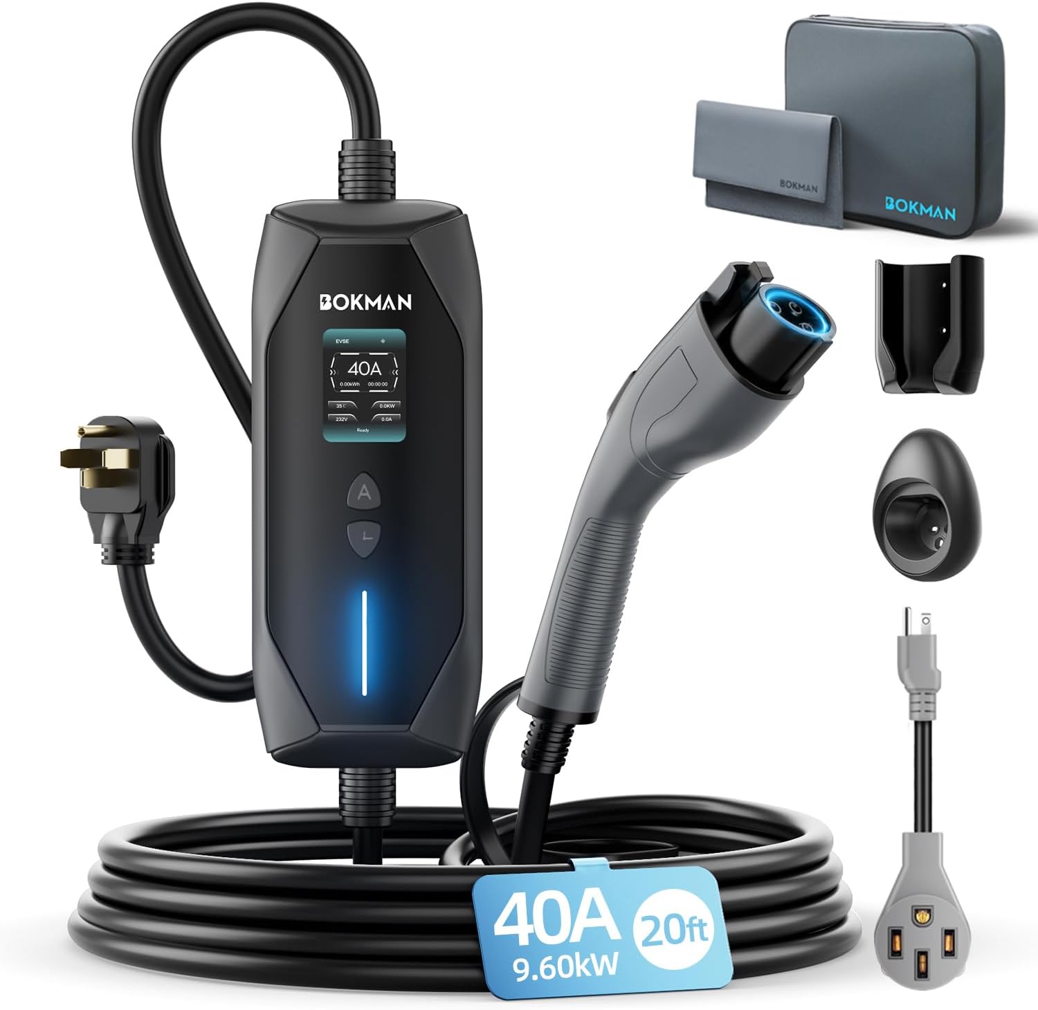 bokman Portable Level 2 & 1 EV Charger | Adjustable 40A, 20ft Cable