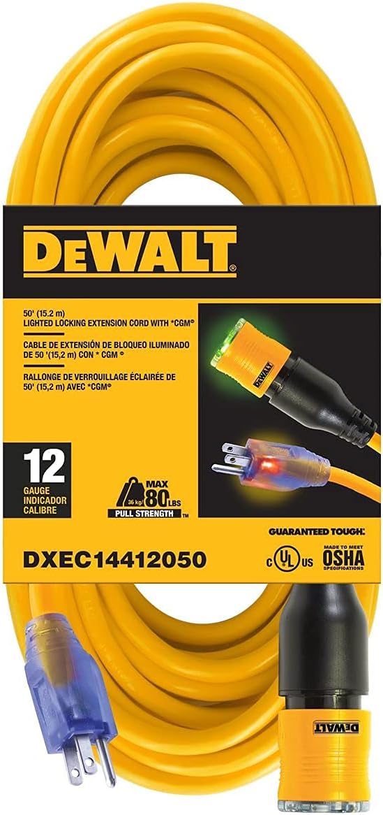 DEWALT 50 Foot 12/3 SJTW Click-to-Lock Lighted Extension Cord
