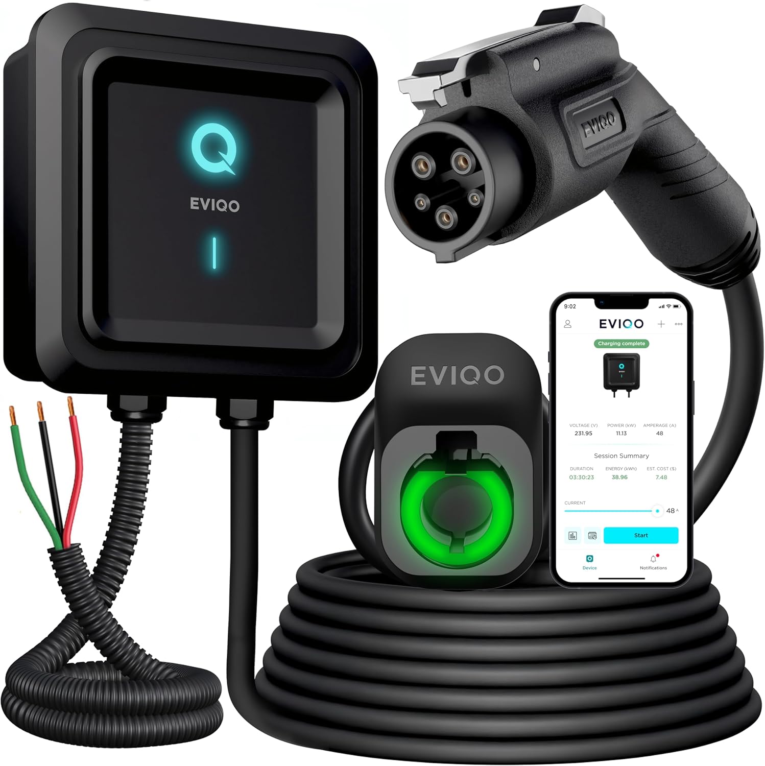 EVIQO Level 2 EV Charger: 48 Amp Hardwired J1772 Connector