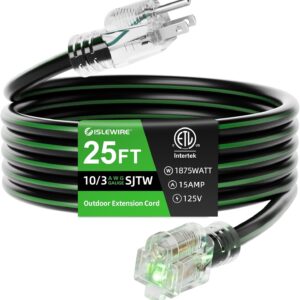 islewire 25FT 10/3 Heavy Duty Outdoor Extension Cord with LED End