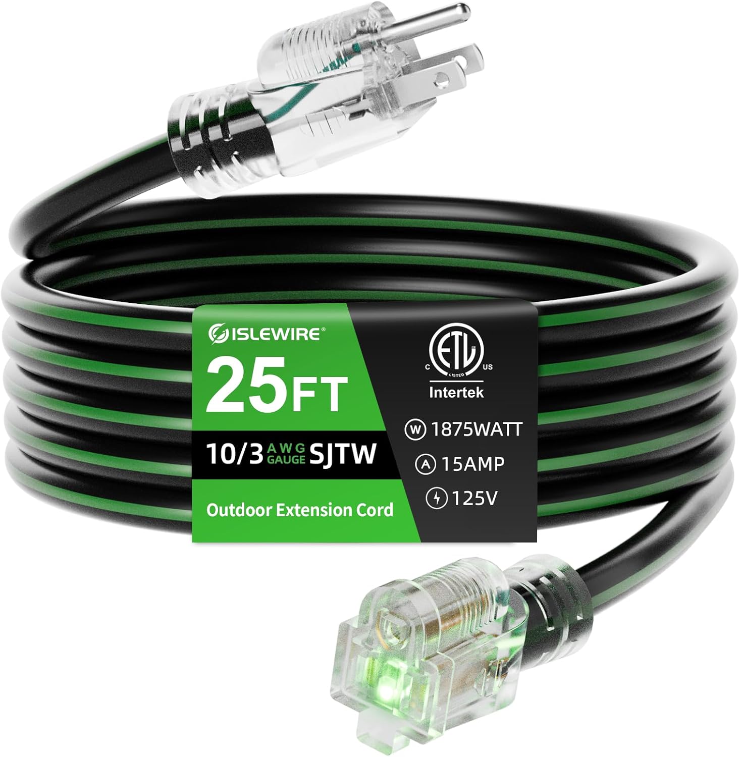 islewire 25FT 10/3 Heavy Duty Outdoor Extension Cord with LED End