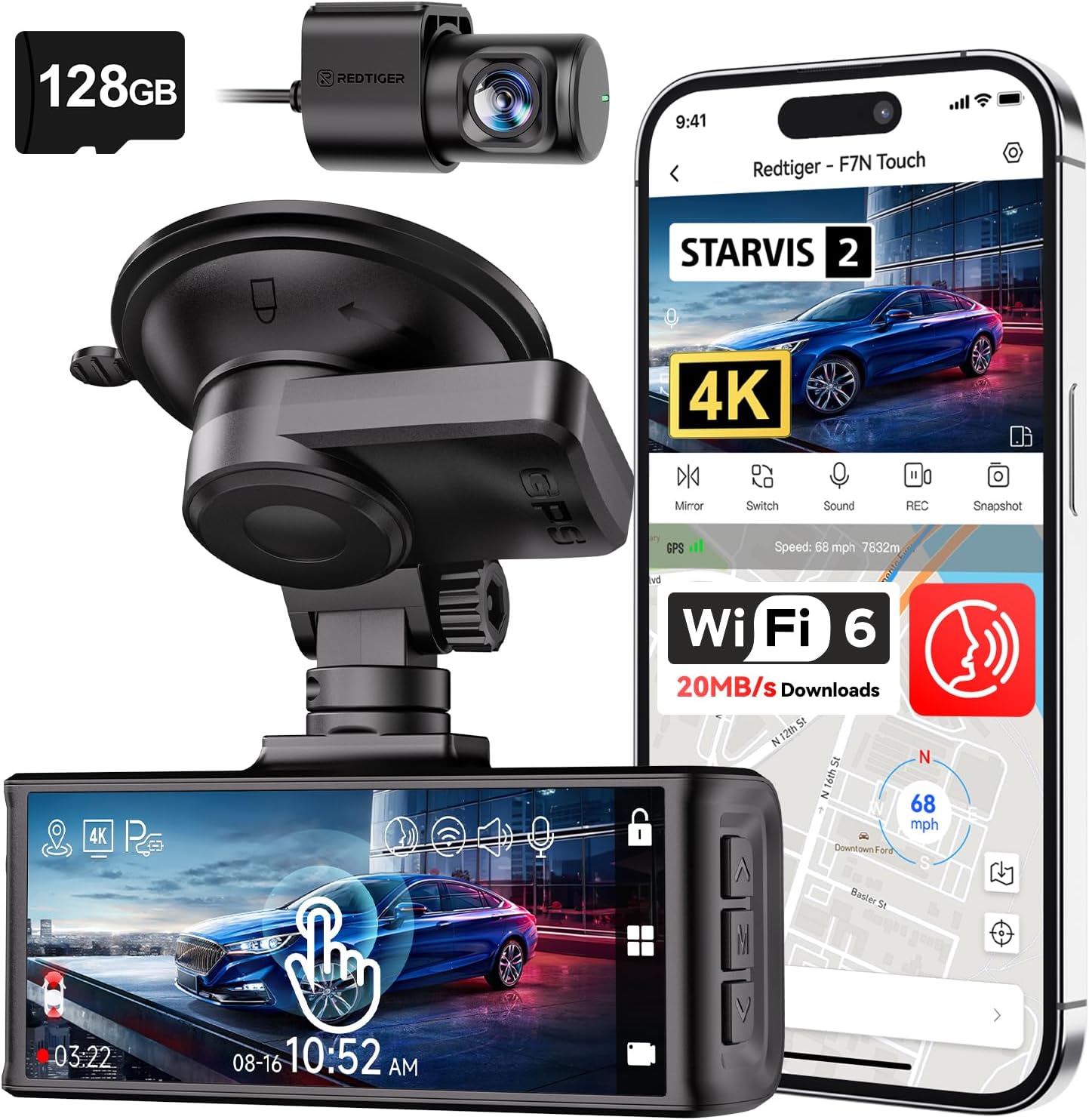 REDTIGER F7N TOUCH: 4K Dual Dash Cam with Touch Screen & Voice