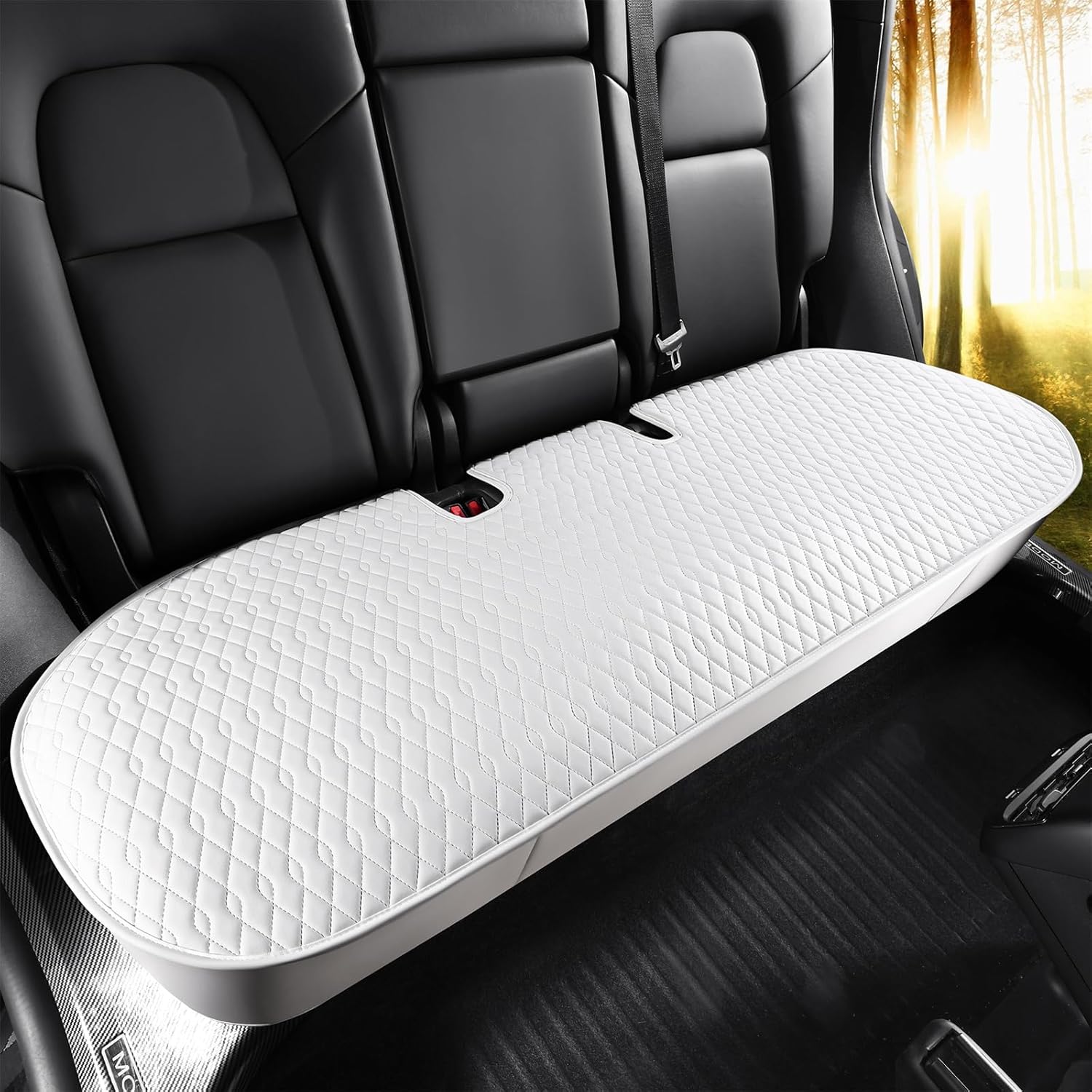 SanQing Luxury Napa Leather Rear Seat Bottom Cover - White for Tesla Model 3/Y