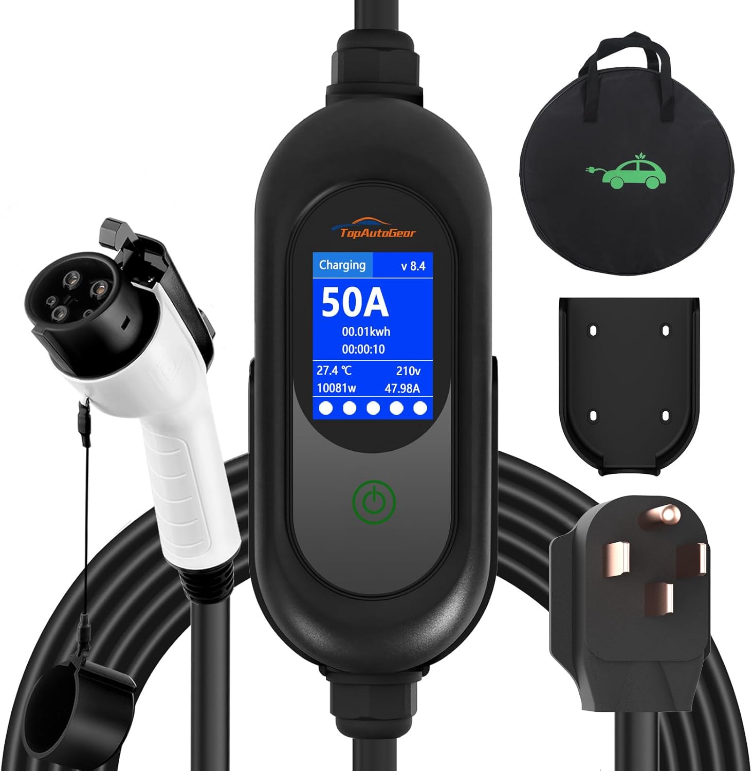 TopAutoGear Level 2 EV Charger: 50A Portable EVSE, NEMA 14-50, Smart LCD