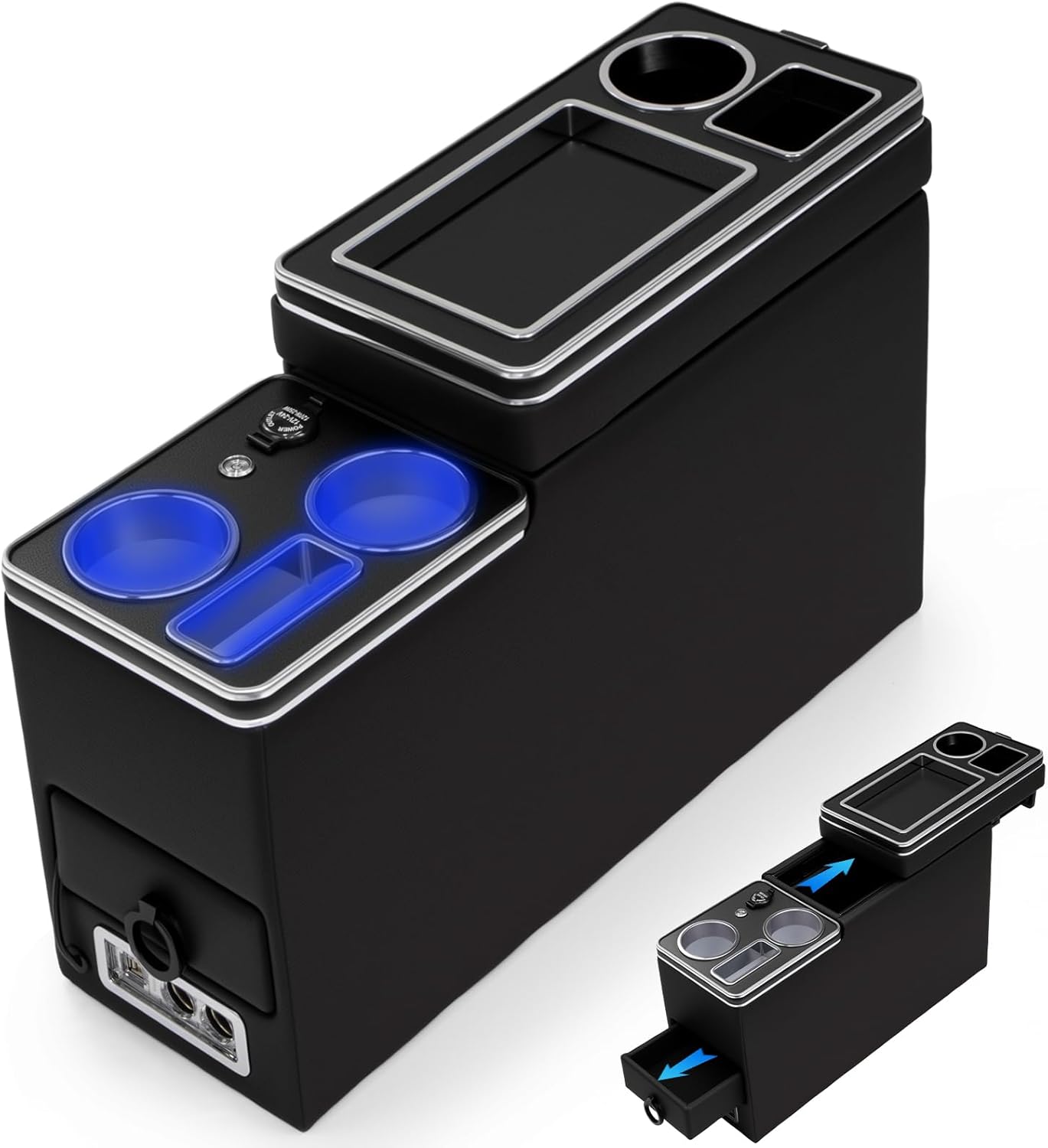 Universal EV Center Console Organizer with Dual USB Charging & Ambient Lighting