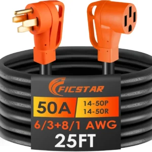 25FT 50 Amp RV Extension Cord Outdoor with Grip Handle,125/250V,12500W, 4 Prong, Heavy Duty 6/3+8/1 Gauge STW, NEMA 14-50P to 14-50R with Cord Organizer, UL&ETL Listed view 1