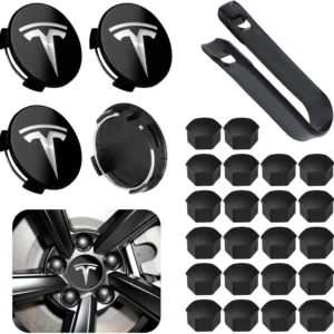 4 Pack Car Wheel Center Hub Cap Kit with 22 Lug Nut Covers, 2.2 in (56mm) Wheel Rim Covers Center Hubcaps with Emblem for Model 3 / Model Y, Black & Silver Exterior Decoration for Tesla view 1