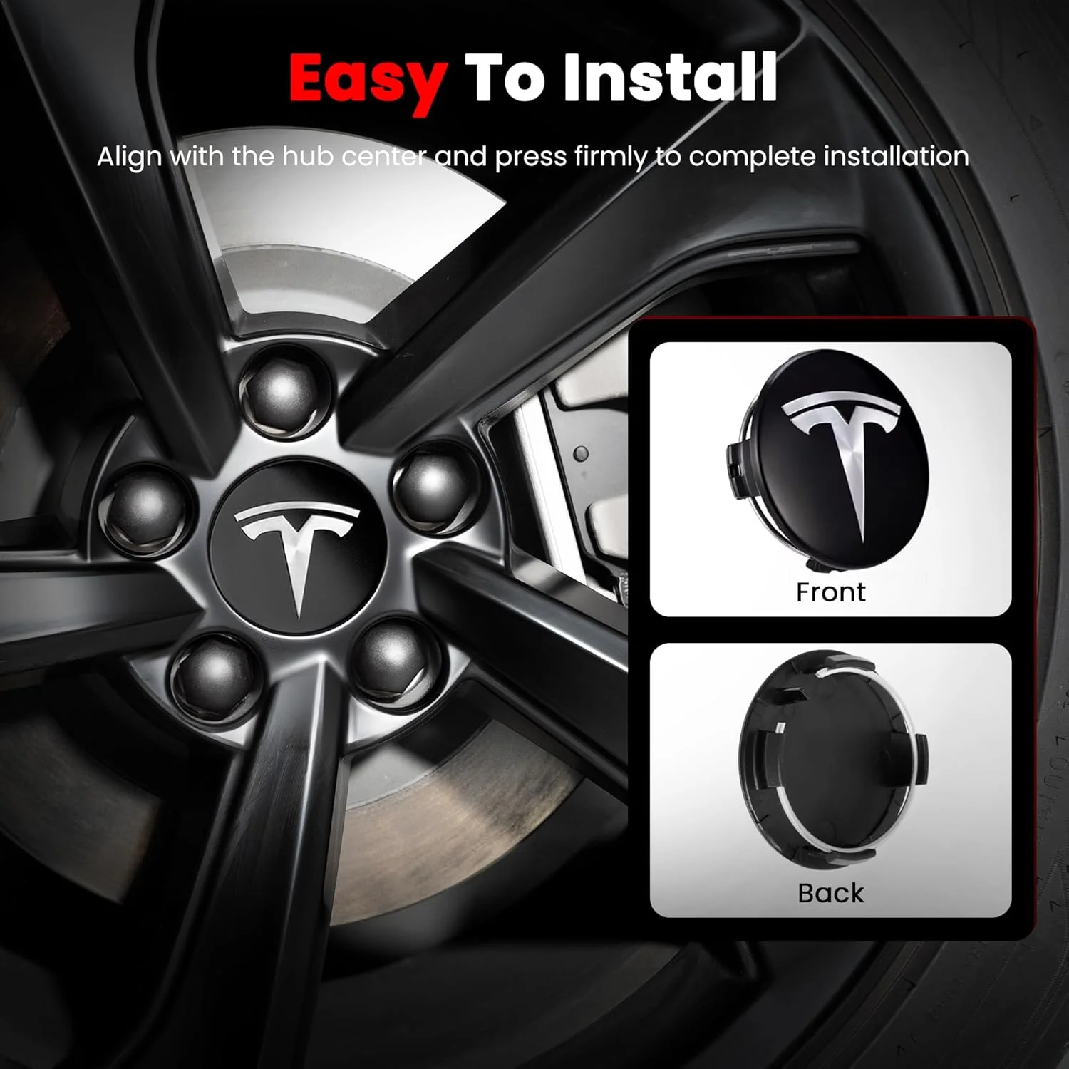 Close-up of Black & Silver Wheel Center Cap with Tesla Emblem