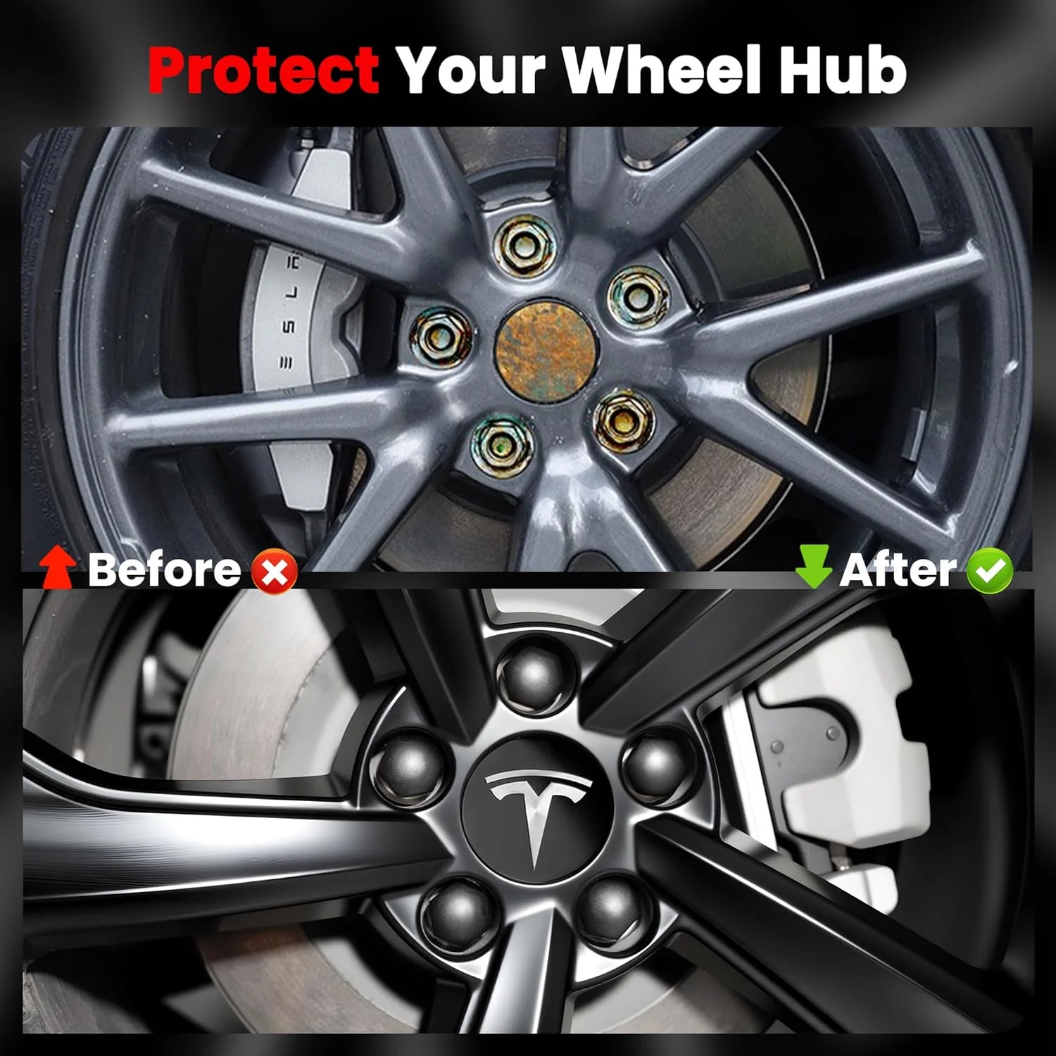 Diagram showing easy installation of Tesla wheel center caps