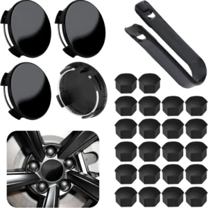 4 Pack Car Wheel Center Hub Cap Kit with 22 Lug Nut Covers, 2.2 in (56mm) Wheel Rim Covers Center Hubcaps with Emblem for Model 3 / Model Y, Black & Silver Exterior Decoration for Tesla view 6