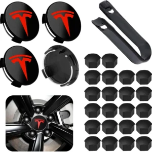 4 Pack Car Wheel Center Hub Cap Kit with 22 Lug Nut Covers, 2.2 in (56mm) Wheel Rim Covers Center Hubcaps with Emblem for Model 3 / Model Y, Black & Silver Exterior Decoration for Tesla view 7