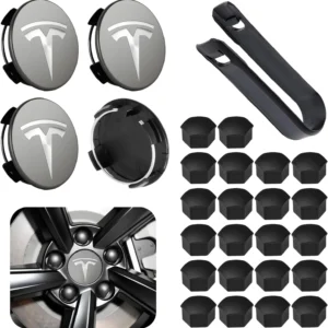 4 Pack Car Wheel Center Hub Cap Kit with 22 Lug Nut Covers, 2.2 in (56mm) Wheel Rim Covers Center Hubcaps with Emblem for Model 3 / Model Y, Black & Silver Exterior Decoration for Tesla