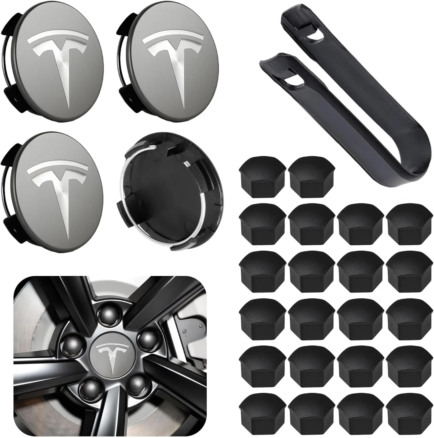 4 Pack Car Wheel Center Hub Cap Kit with 22 Lug Nut Covers, 2.2 in (56mm) Wheel Rim Covers Center Hubcaps with Emblem for Model 3 / Model Y, Black & Silver Exterior Decoration for Tesla
