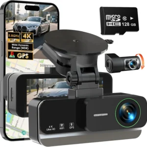 4K+4K Dash Cam Front and Rear, Free 128GB Card Included, 5.8GHz WiFi-20MB/s Fast Download, Dash Camera for Cars with Accurate GPS, G-Sensor, WDR Night Vision, 3.39" IPS Screen, 24H Parking Mode view 1