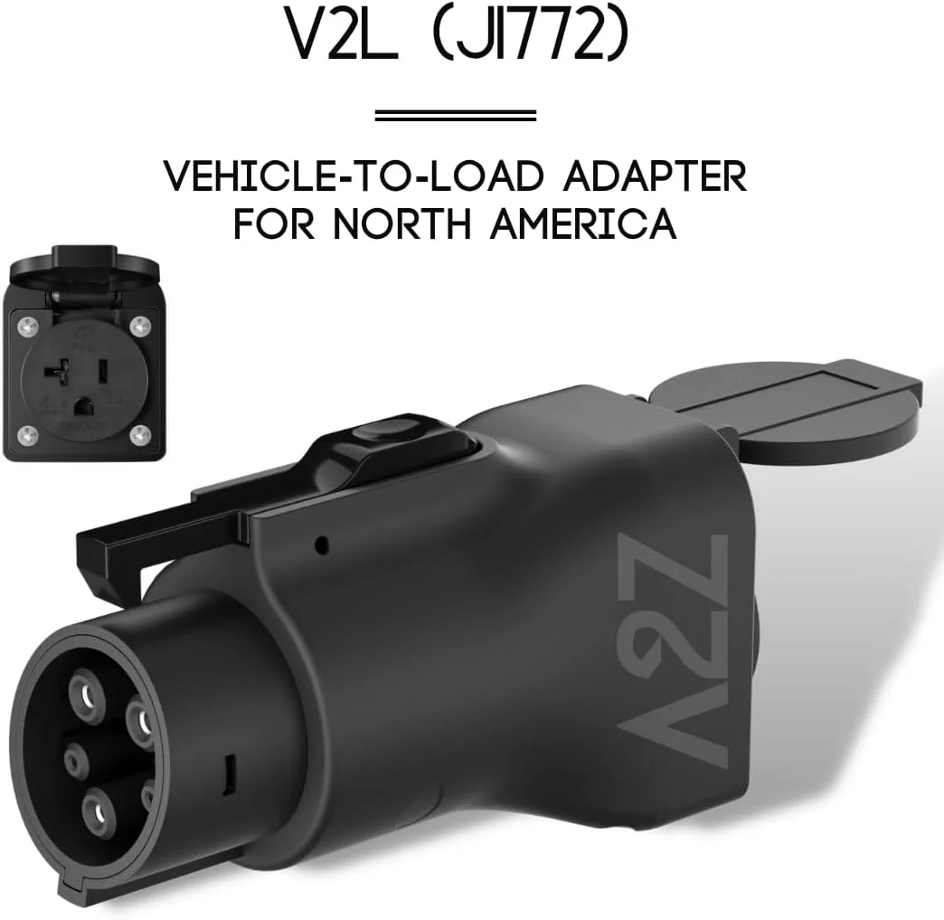 Diagram showing the A2Z EV J1772 V2L Adapter powering various appliances