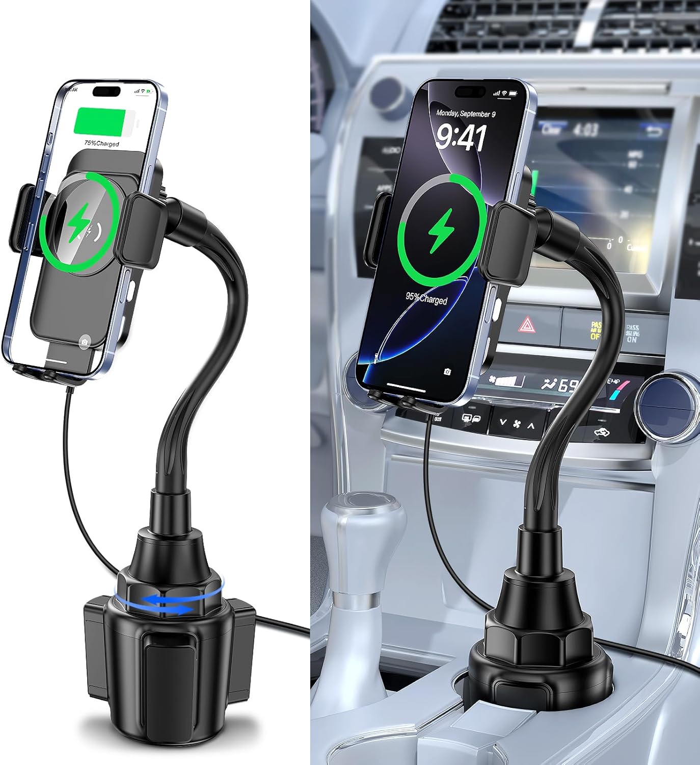 Cup Holder Phone Mount | Auto-Clamping 2-in-1 Wireless Charger