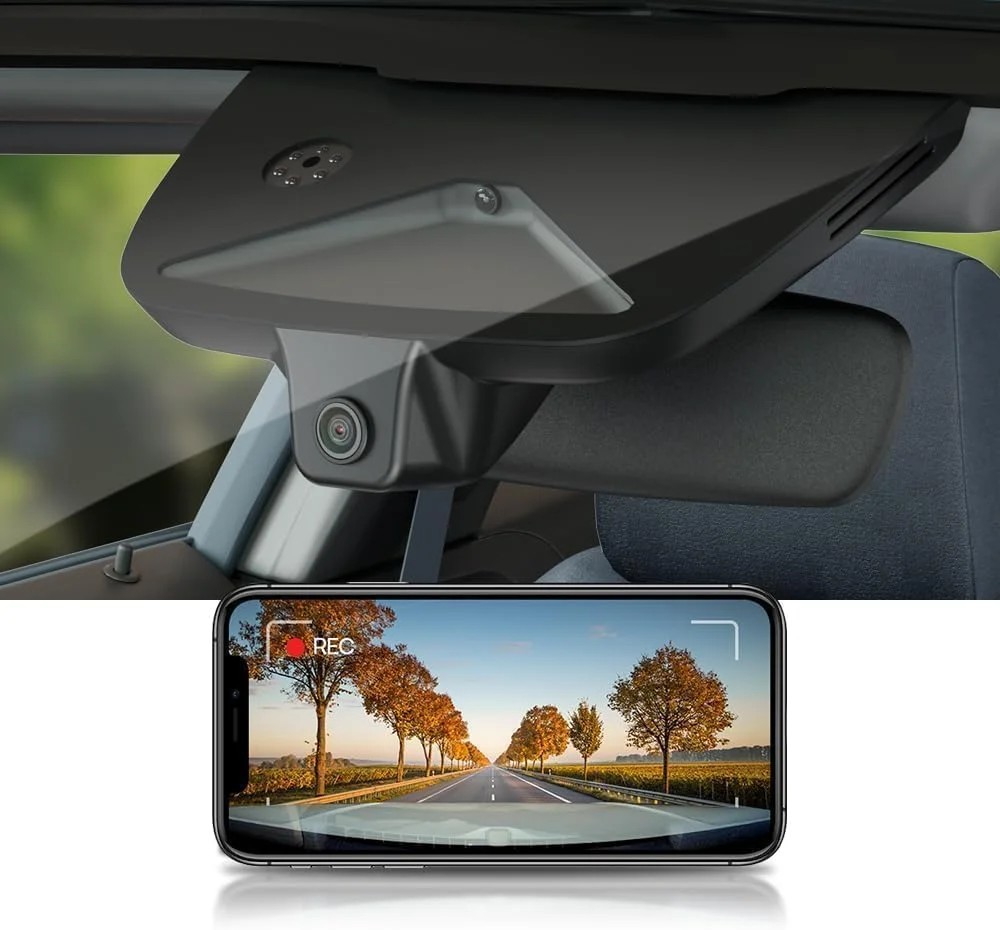Side view of the Fitcamx dash cam installed on the Polestar 3 windshield