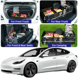 Front Trunk Organizer with Leakproof Cooler Bag for Tesla Model Y Model 3 2017-2025, Frunk Storage Collapsible Container Box Compatible with Front Rear Trunk Seats for Accessories, Black