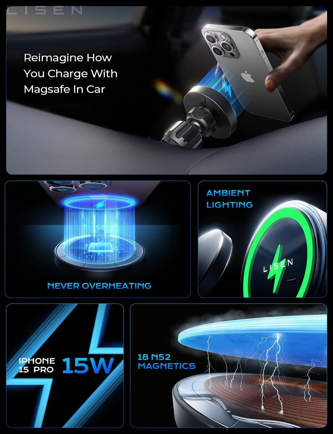 LISEN MagSafe charger's subtle ice blue LED indicator