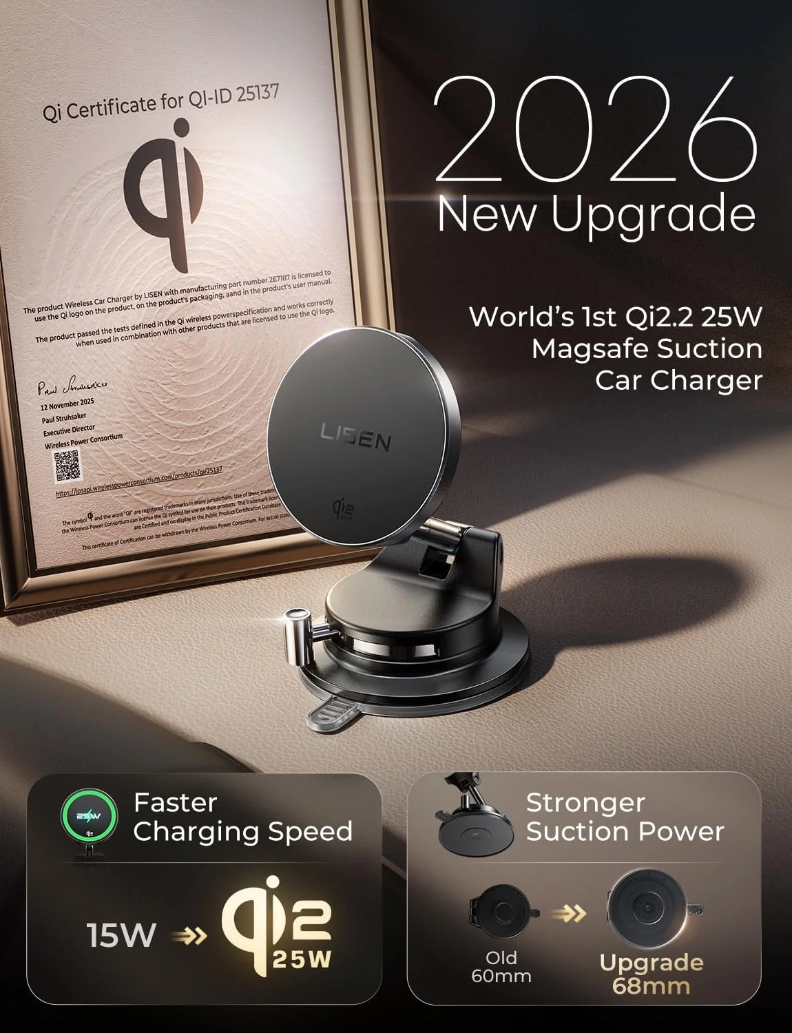 Close-up of the LISEN Qi2.2 MagSafe charger's magnetic interface