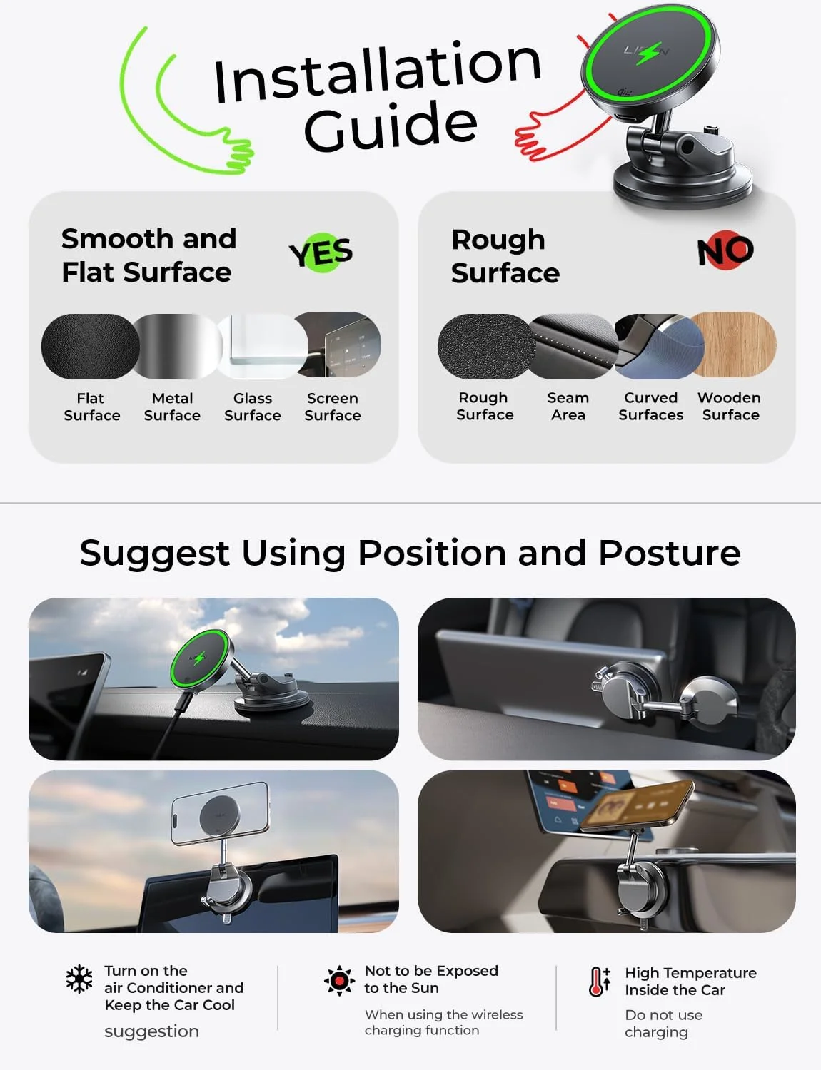 Side view of the LISEN Qi2.2 MagSafe car mount demonstrating adjustability