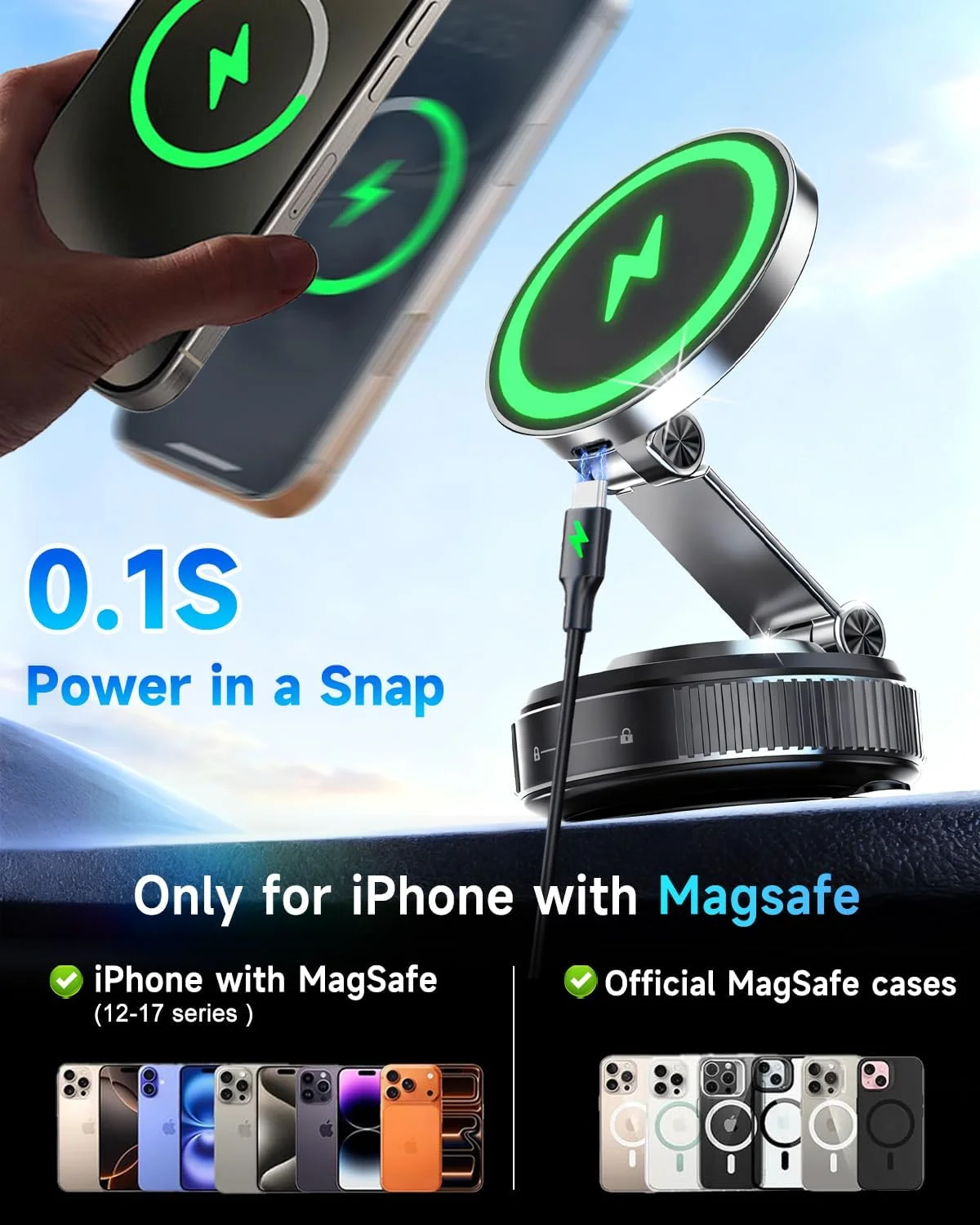 The MagSafe car mount charger is compatible with various MagSafe enabled smartphones