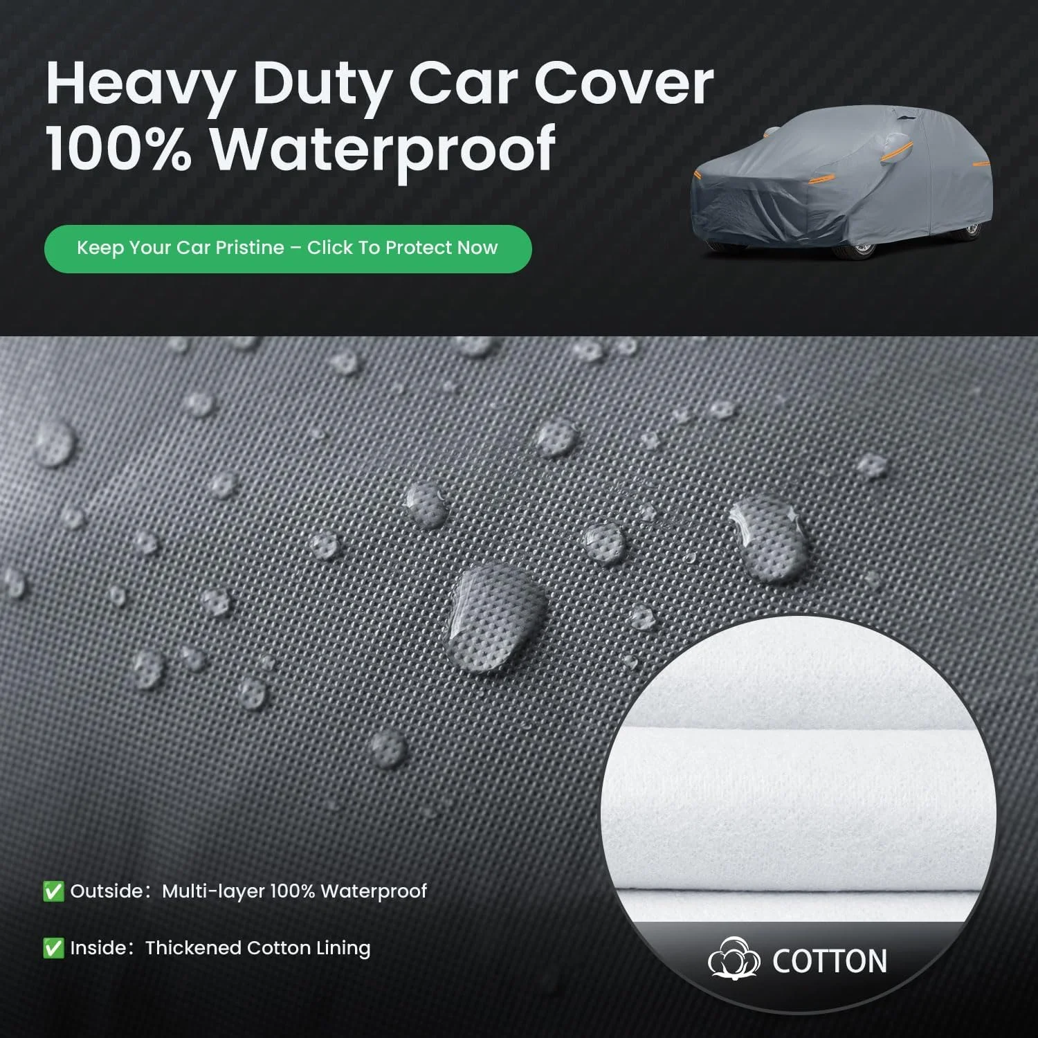 Close-up of Lucid Air EV cover's waterproof material and stitching