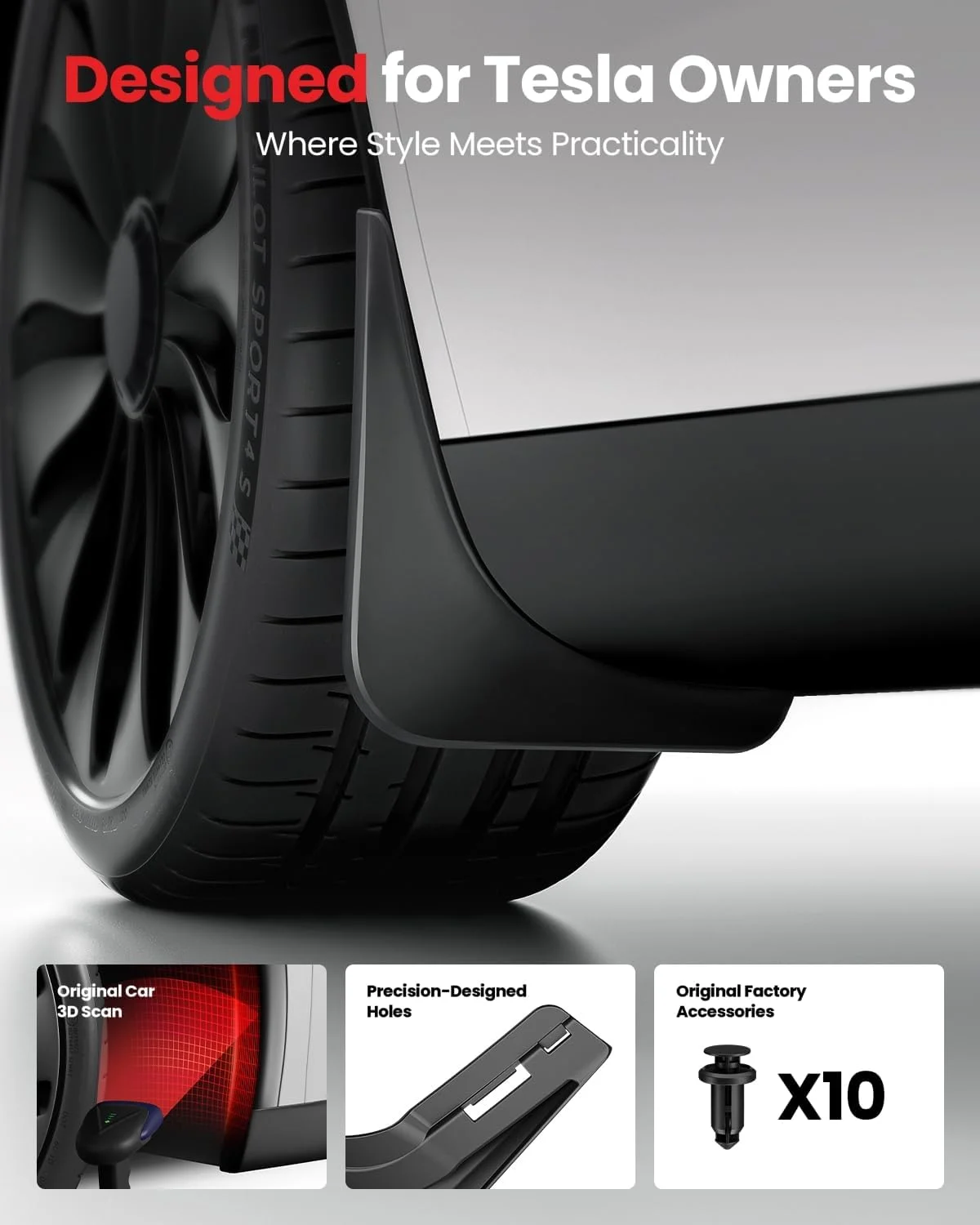 Side view of REEVAA Mud Flaps on Tesla Model Y
