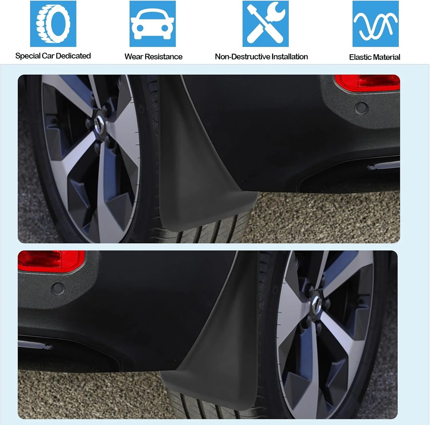 Ruiya Universal EV Mud Flaps installed on a generic electric vehicle for demonstration