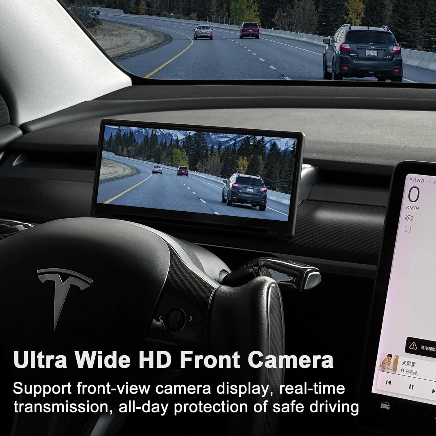 Tesla Model Y HUD with CarPlay and Android Auto integration