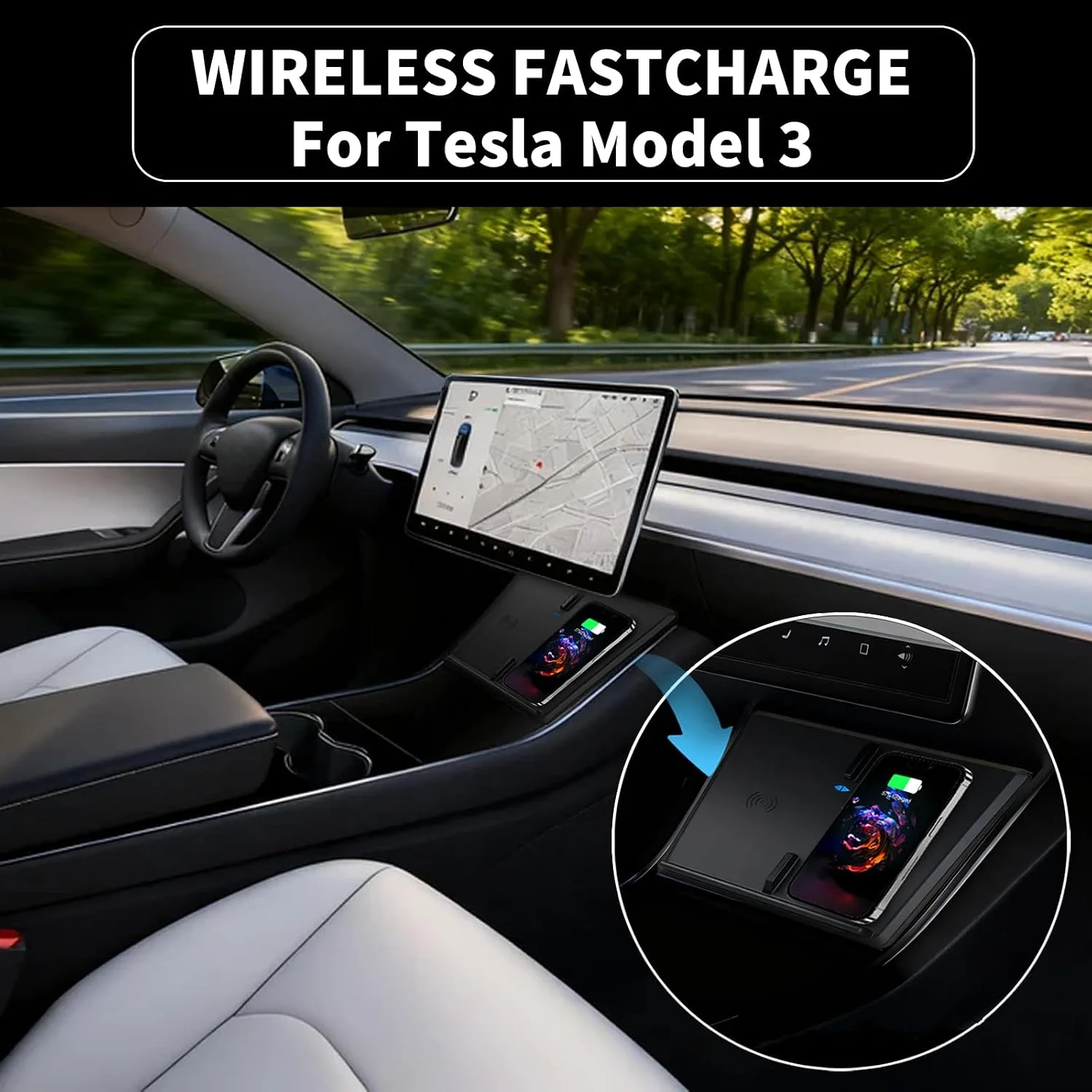 Close-up of two phones charging wirelessly on the Tesla Model 3 charger