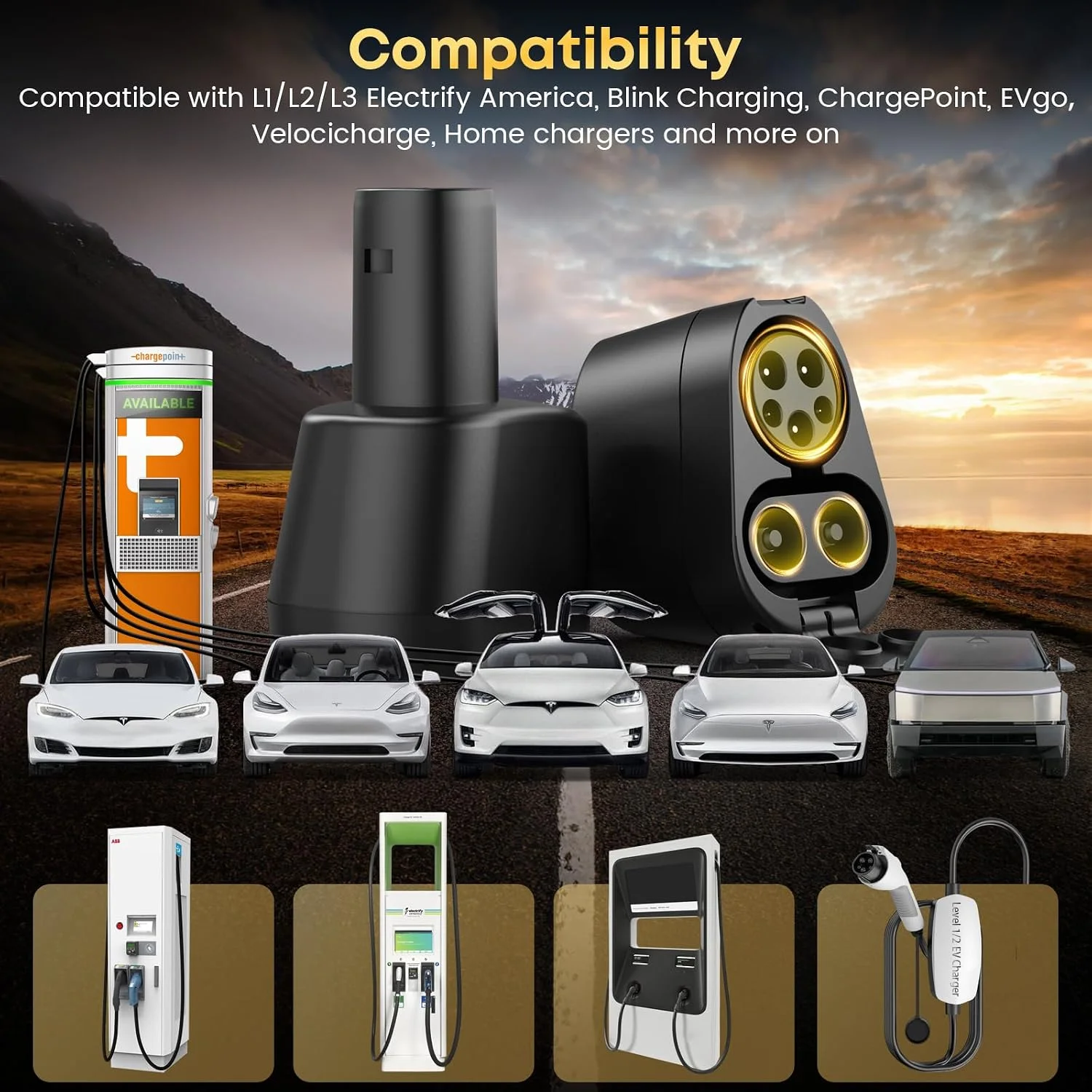 2-in-1 CCS & J1772 to Tesla Adapter - 250KW Fast CCS to Tesla Adapter, Compatible with Tesla Model S/3/X/Y/Cybertruck - Works with Electrify America, Blink, ChargePoint, and EVgo Station