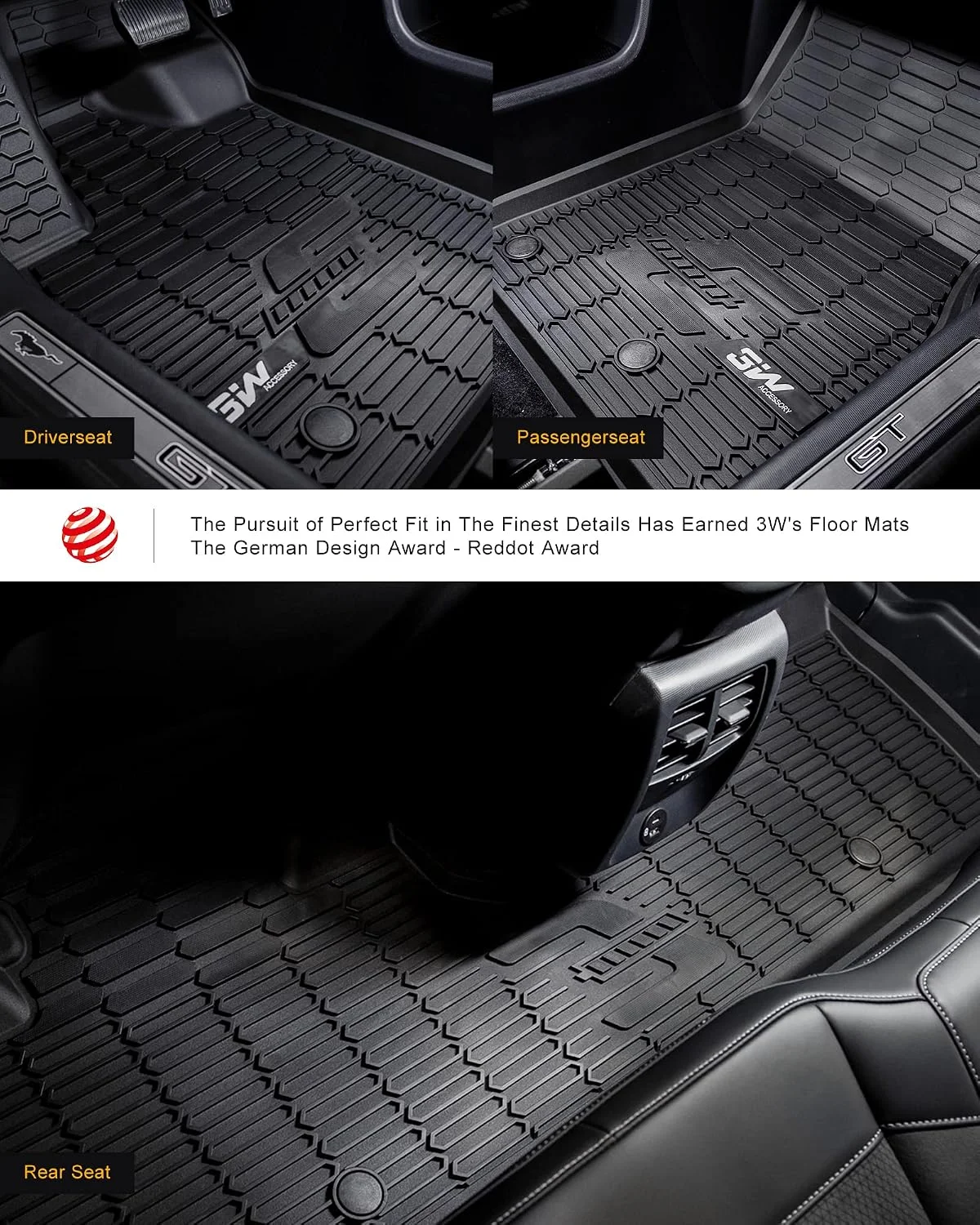 3W Ford Mustang Mach E Floor Mats Fit for 2021-2025 2026 TPE All Weather Car Accessories Custom Fit Floor Liner 1st and 2nd Row Full Set Car Mats, Black