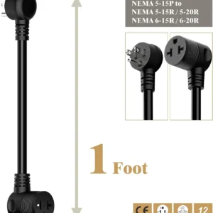 Angled Four-in-One Heavy Duty SJTW 12AWG Extension Cord 12-AWG 15A Household Plug to 20A T-Blade Adapter Cable, Angled Adapter Extension Cord for EV Car Charger L=1FT view 2