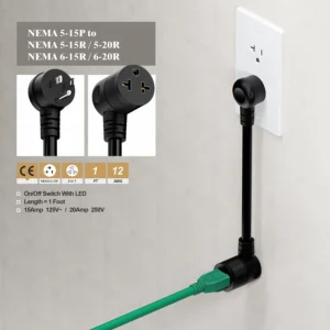 Angled Four-in-One Heavy Duty SJTW 12AWG Extension Cord 12-AWG 15A Household Plug to 20A T-Blade Adapter Cable, Angled Adapter Extension Cord for EV Car Charger L=1FT view 6