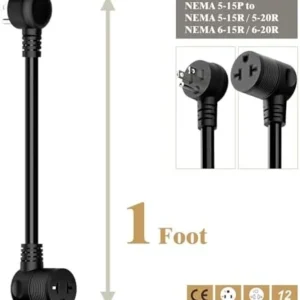 Angled Four-in-One Heavy Duty SJTW 12AWG Extension Cord 12-AWG 15A Household Plug to 20A T-Blade Adapter Cable, Angled Adapter Extension Cord for EV Car Charger L=1FT