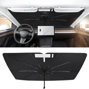 BASENOR 2017-2026 Tesla Model Y Model 3 Windshield Sunshade Umbrell [Nano Ice Crystal Particle] Front Window Shade, Coating 100% Heat Protection Retractable Sunshades view 1