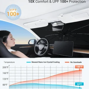 BASENOR 2017-2026 Tesla Model Y Model 3 Windshield Sunshade Umbrell [Nano Ice Crystal Particle] Front Window Shade, Coating 100% Heat Protection Retractable Sunshades view 5