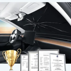 BASENOR 2017-2026 Tesla Model Y Model 3 Windshield Sunshade Umbrell [Nano Ice Crystal Particle] Front Window Shade, Coating 100% Heat Protection Retractable Sunshades view 7