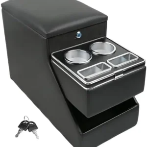 Center Console Organizer for Minivans, SUVs & Middle Van Seats - Floor-Mounted Lockable Storage Box with Dual Cup Holders, Ideal for Vehicle Interior