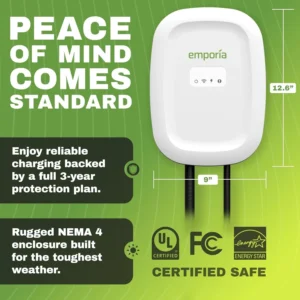 EMPORIA Level 2 EV Charger w/ J1772 Connector — 48 Amp, 240V WiFi Enabled Electric Vehicle Charging Station, 25ft Cable, NEMA 14-50, White