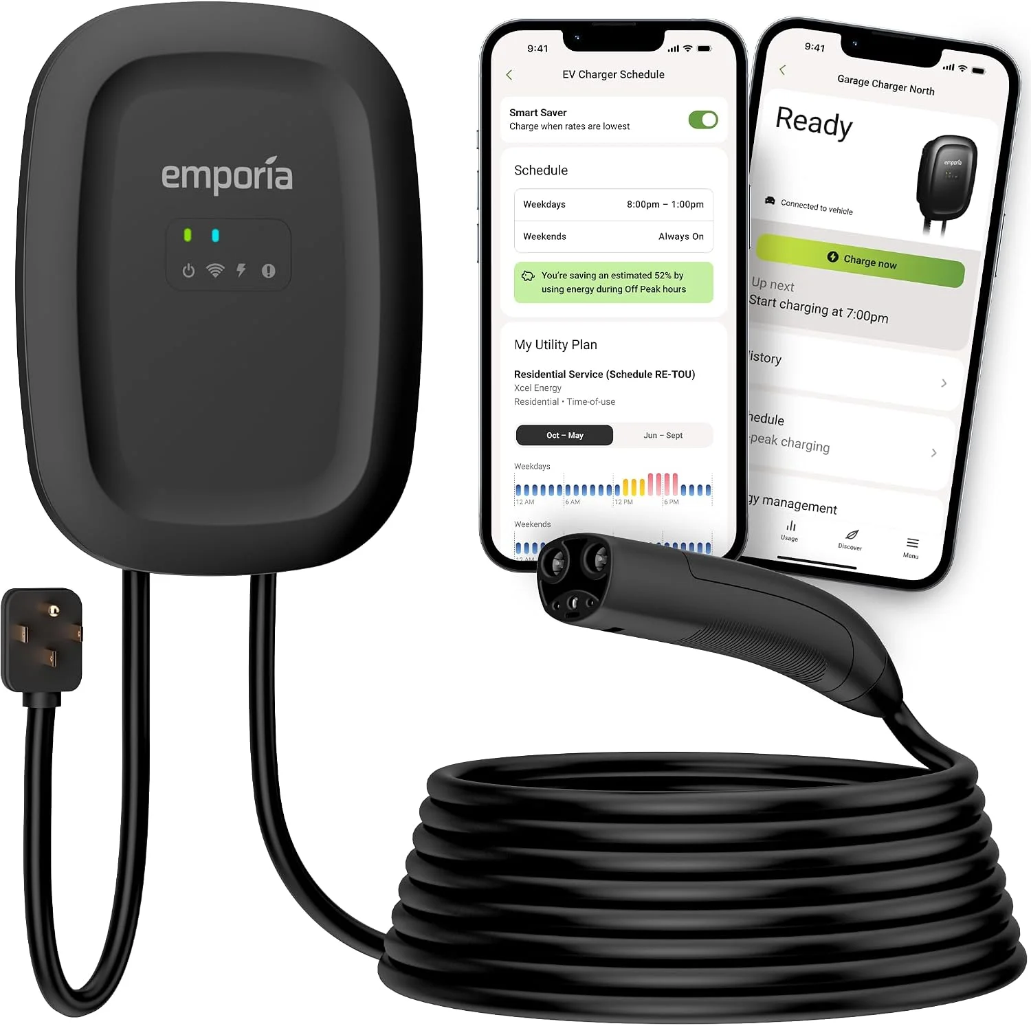 EMPORIA Level 2 EV Charger w/NACS, Compatible with Tesla - 48 amp Electric Car Charger, Preconfigured for Hardwired Install with Whip, UL/Energy Star WiFi-Enabled EVSE, 24ft Cable, White