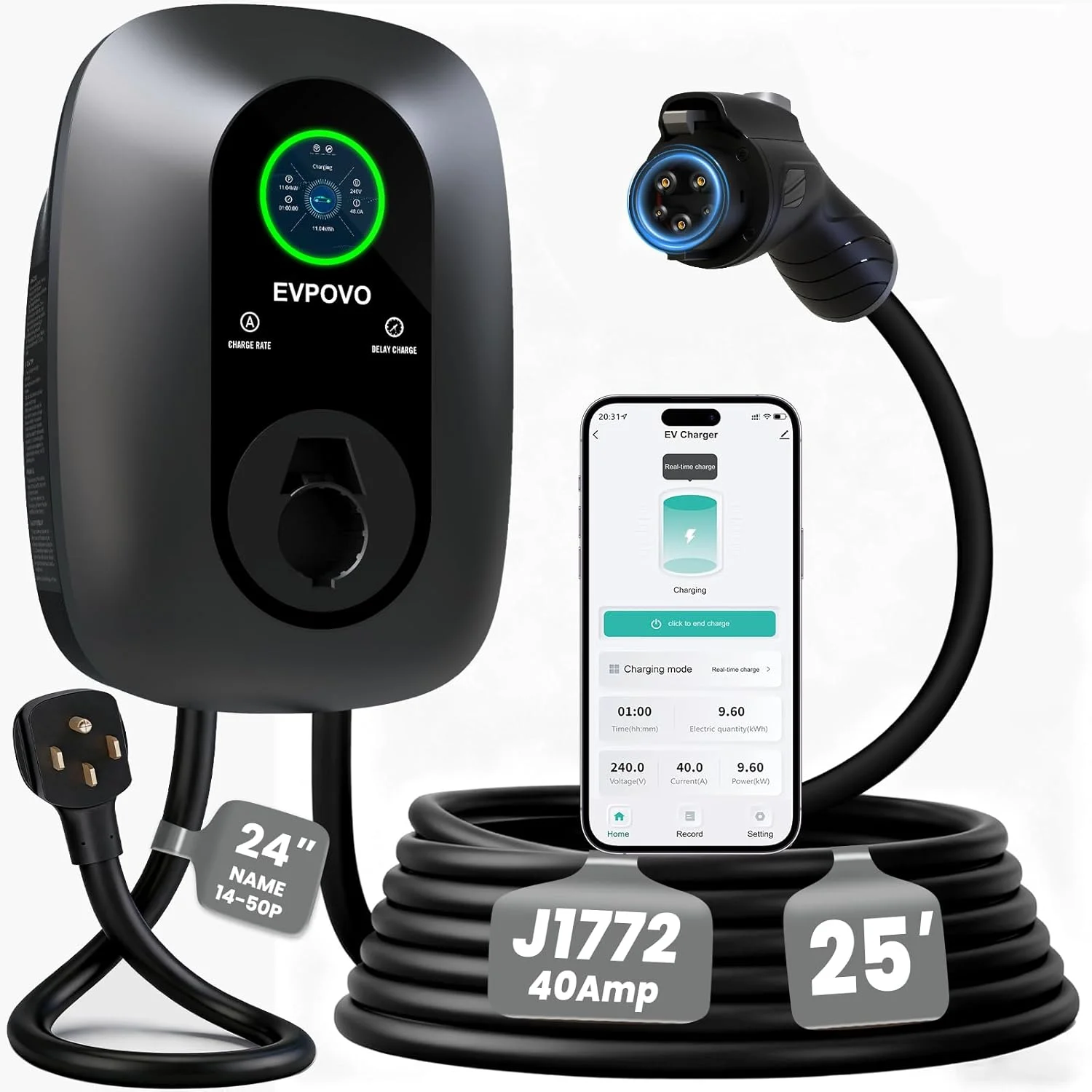 Premium 40 Amp Level 2 EV Charger installed in a modern garage