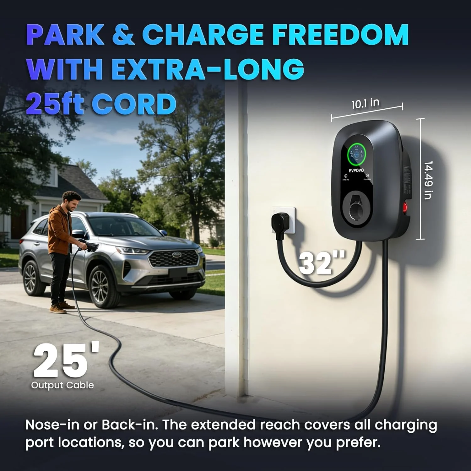 EV Charger Level 2 40 Amp - J1772 NEMA 14-50 Smart Electric Car Charger, NEMA Type 4 Waterproof, 25ft Cable, WiFi App Control, Outdoor Wall Mount EVSE, ETL & FCC Certified