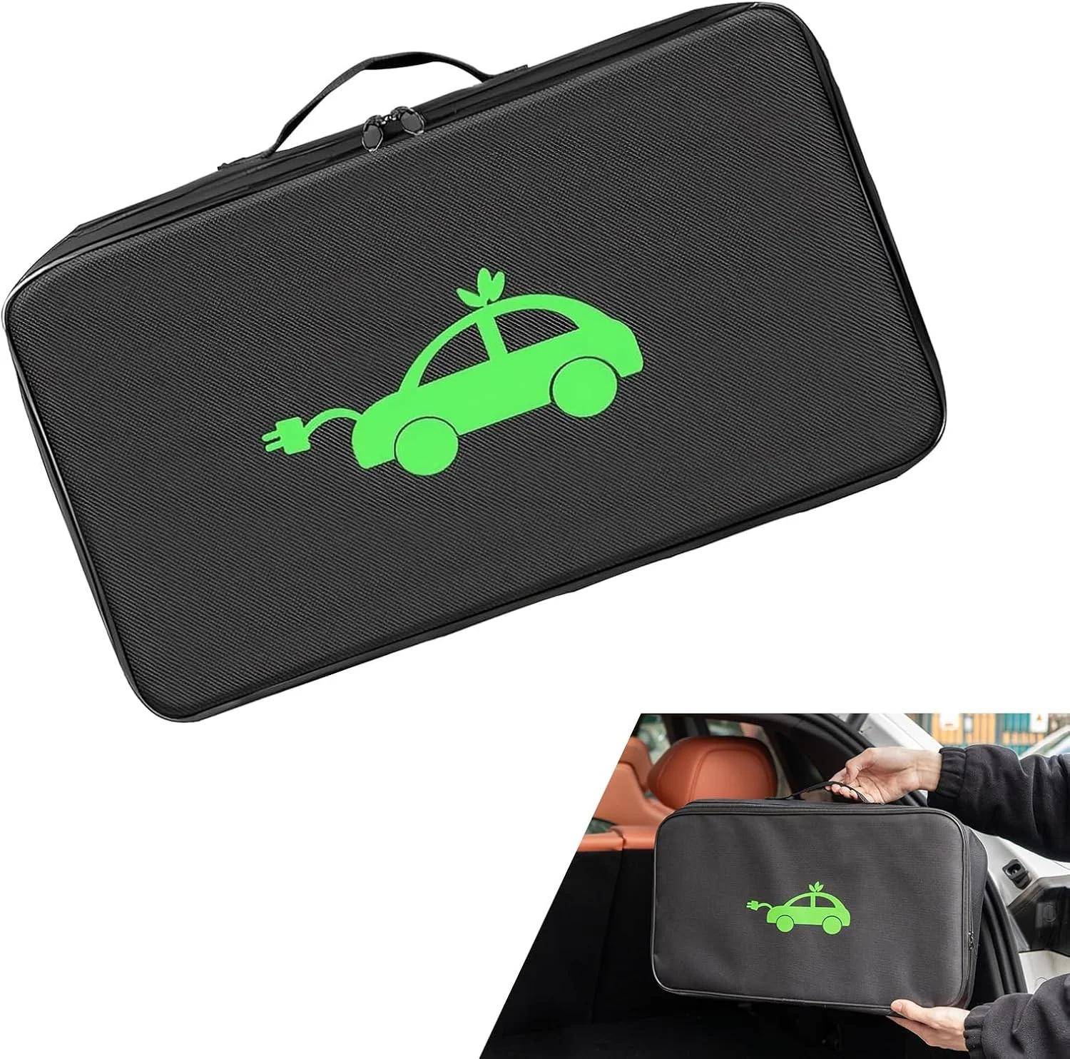 Premium EV charging cable organizer bag in a modern trunk