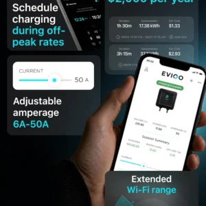 EVIQO Level 2 EV Charger, 48 Amp 240V, J1772 Charger for Non-Tesla EVs, 25ft Cable, WiFi (2.4GHz) Smart App, Weatherproof Indoor/Outdoor (IP66, NEMA 4), UL & ETL Certified, Hardwired, 11.5kW view 3