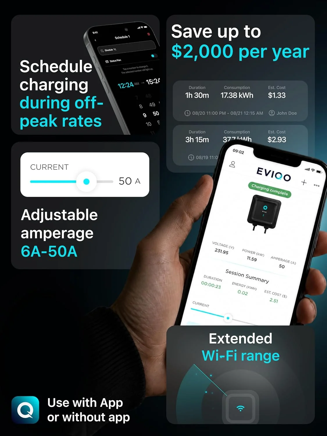 EVIQO smartphone app interface showing charging stats